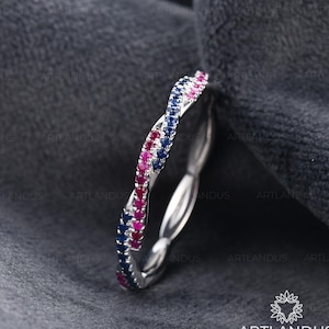 Twisted Sapphire And Ruby Wedding Band Women White Gold Infinity Sapphire Matching Band Blue Red Birthstone Stacking Pave Ring Eternity