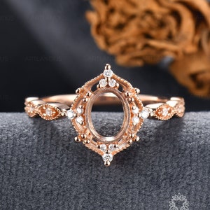 Custom Ring Setting Yellow Gold Engagement Ring Art Deco Semi Mount Antique Ring Setting Milgrain Vine Vintage Style Jewelry Cluster Oval