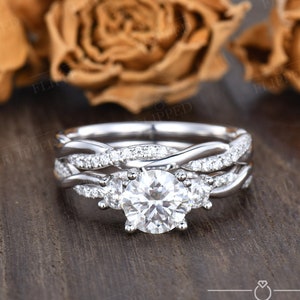 Infinity Moissanite Engagement Ring Set 1.2ct Moissanite Bridal Ring Set White Gold Wedding Ring Set Round Moissanite Twist Diamond Ring