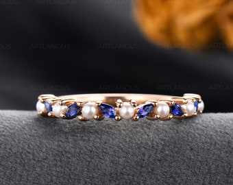 Marquise Sapphire Wedding Band Women Rose Gold Sapphire And Pearl Cluster Ring Matching Band Birthstone Ring Half Eternity Stackable