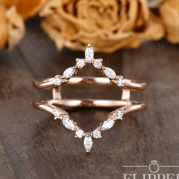 Dubbele trouwring vrouwen Rose goud gebogen ring Marquise Moissanite Vintage ring kooi stijl op maat gemaakte halve eeuwigheid bruidsring uniek