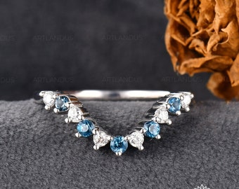 Curved Topaz Wedding band White Gold Wedding Band Woman London Blue Topaz Matching Ring Art Deco Diamond Ring Stacking Ring Custom Fit Band