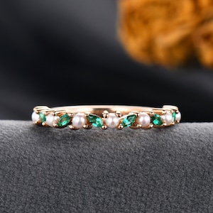 Pearl Emerald Wedding Band Women Rose Gold Marquise Emerald Cluster Band Pearl Matching Band Akoya Pearl Ring Half Eternity Stackable
