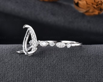 White Gold Pear Shaped Ring Setting Without Center Stone Semi Mount Ring Custom Fit Personalized Cluster Ring Natural Diamond Hidden Halo