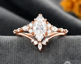 Marquise Moissanite unique engagement ring set Rose gold cluster moissanite ring Vintage twist ring wedding bridal set promise gift