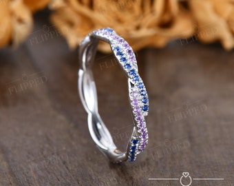 White Gold Natural Sapphire Wedding Band Amethyst Infinity Twisted Eternity Band Woman Antique Matching Stacking Band Delicate Birthstone
