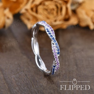 White Gold Natural Sapphire Wedding Band Amethyst Infinity Twist Eternity Band Woman Antique Matching Stacking Band Delicate Birthstone Band