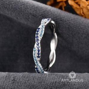 Twisted Sapphire And Topaz Wedding Band Women White Gold Infinity Sapphire Matching Band Blue Birthstone Stacking Pave Ring Eternity