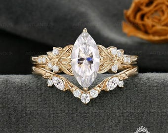2CT Marquise Cut Moissanite Engagement Ring Set Vintage Leaf Moissanite Ring Set Yellow Gold Wedding Band Marquise Diamond Bridal Ring Set
