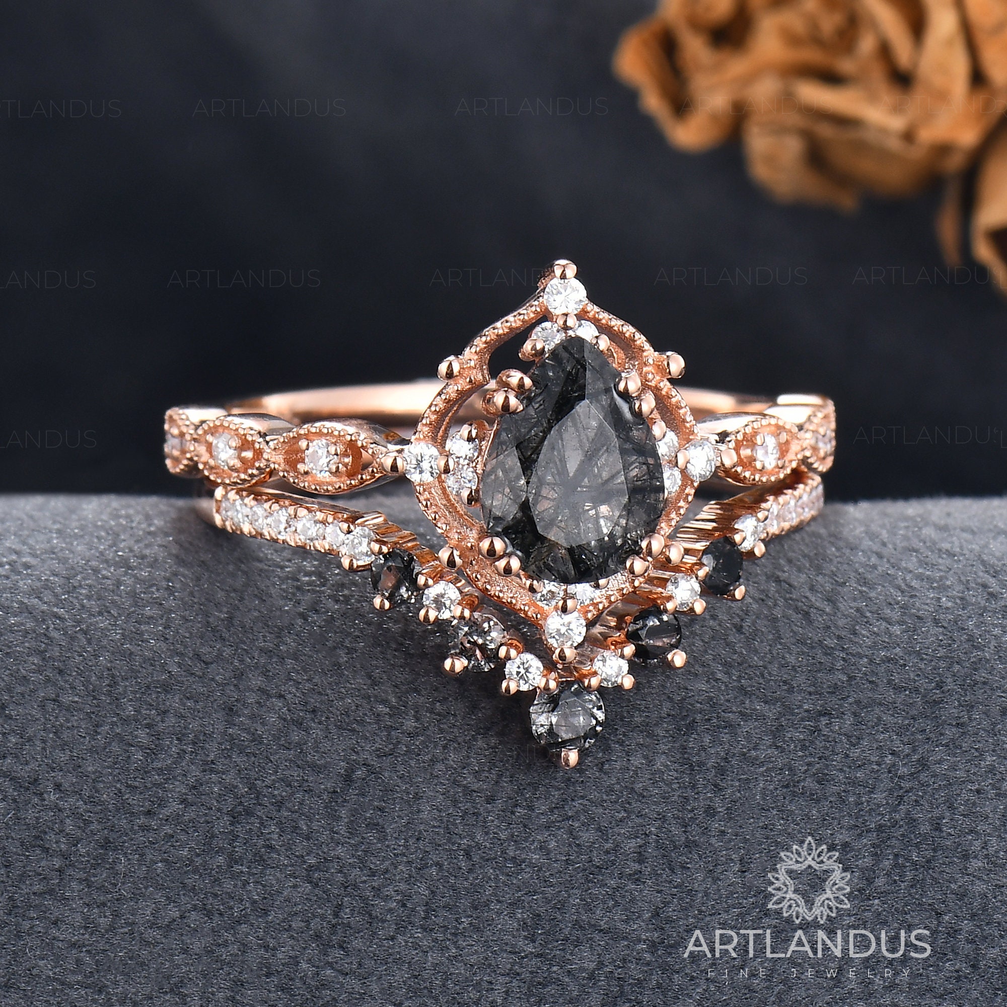 Rose Gold Black Quartz Engagement Ring Set Unique Natural Black Crystal ...