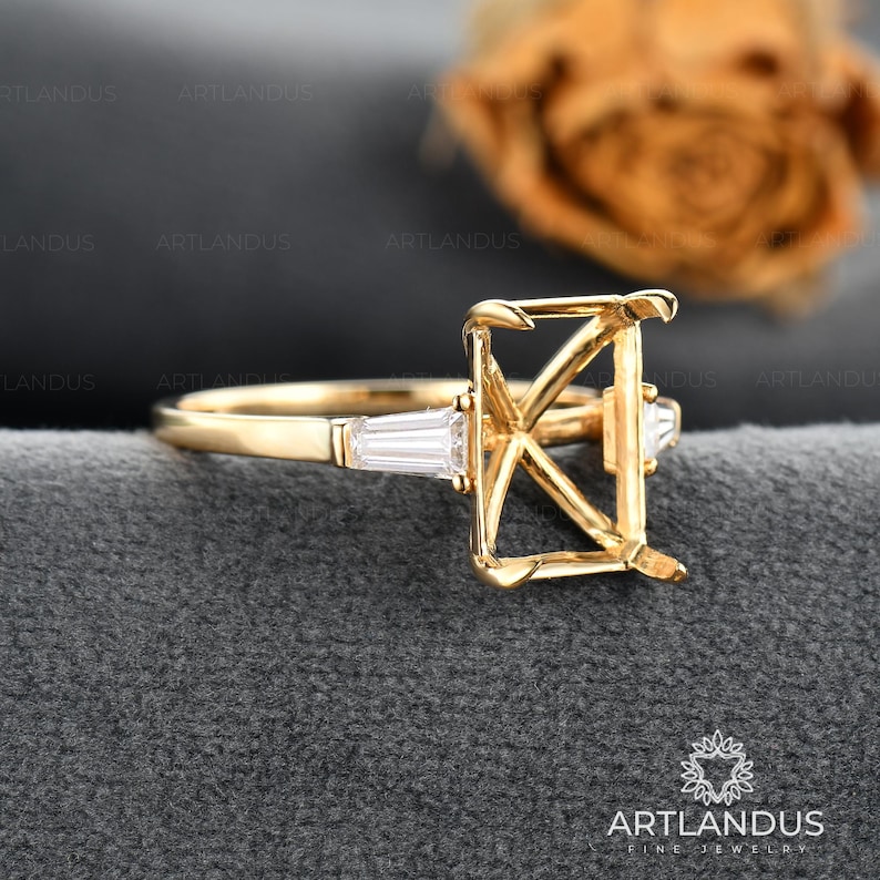 Metal Structural Rings Baguette Diamond Engagement Ring Setting Custom Semi Mount Yellow Gold ...