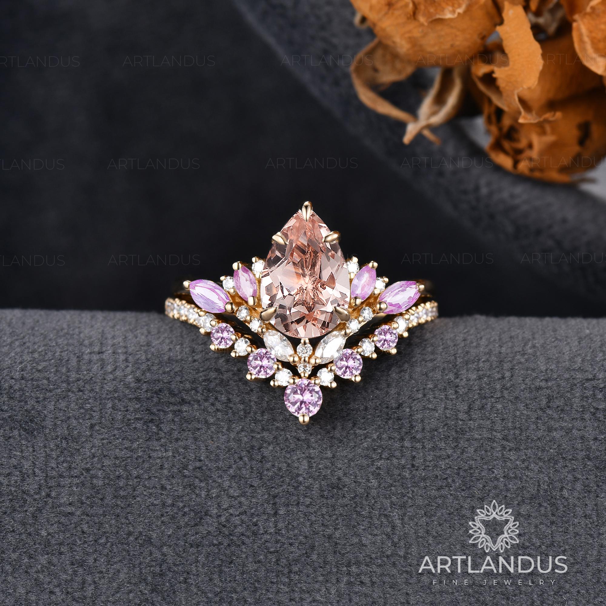 Pink Sapphire And Morganite Engagement Ring Mulit Stone Ring Pear Shaped Morganite Bridal Set Cluster Peach Morganite Stacking Ring Set