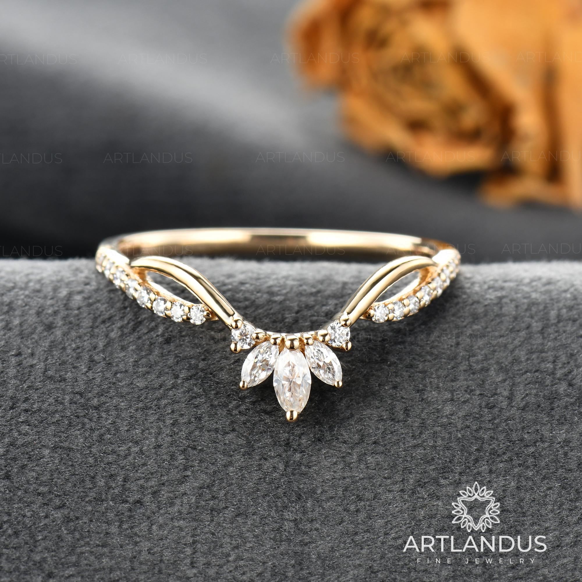 Antique Rose Gold Moissanite Curved Wedding Band Art Deco Unique ...