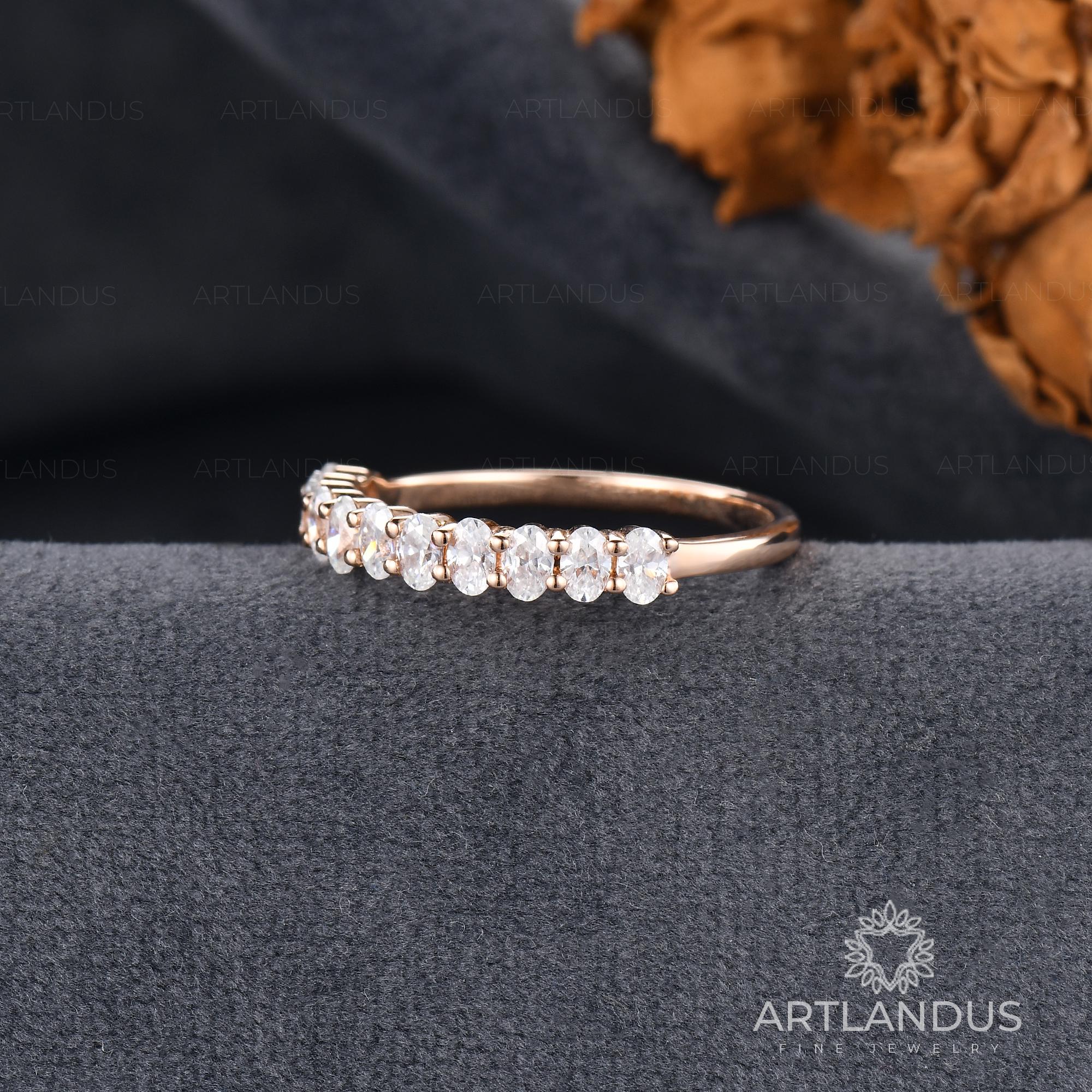 Rose Gold Oval Cut Moissanite Wedding Band Dainty Half Eternity Stack ...