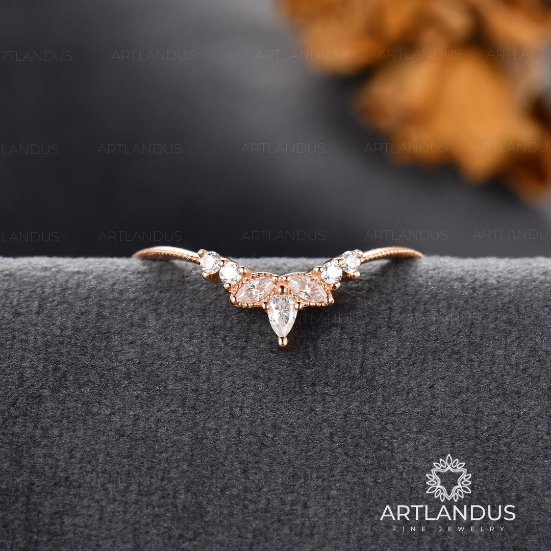 Art Deco Wedding Band Rose Gold Curved Moissanite Matching Band Pear ...