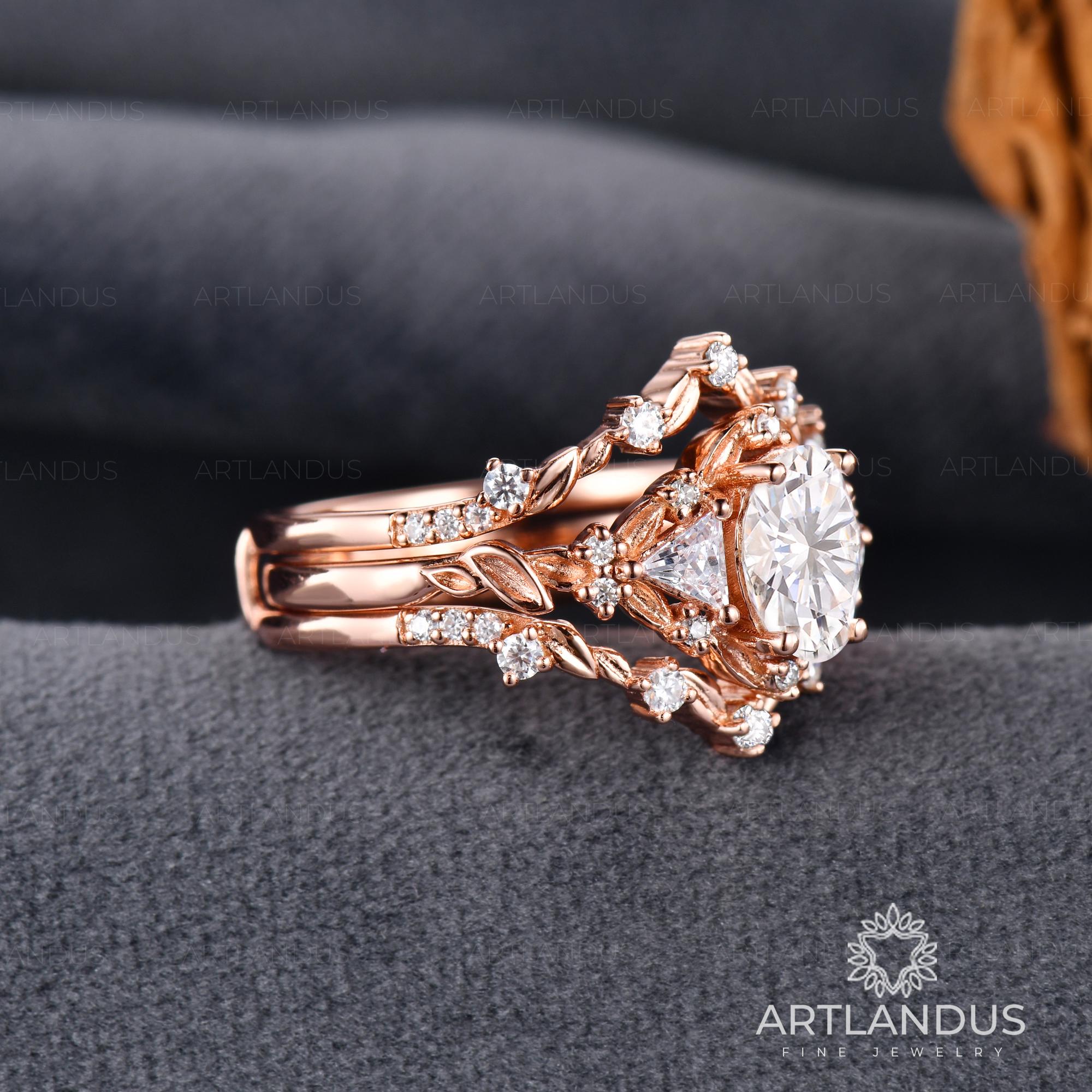 Leaf Moissanite Bridal Set Cage Engagement Ring Set Rose Gold Oval Cut ...