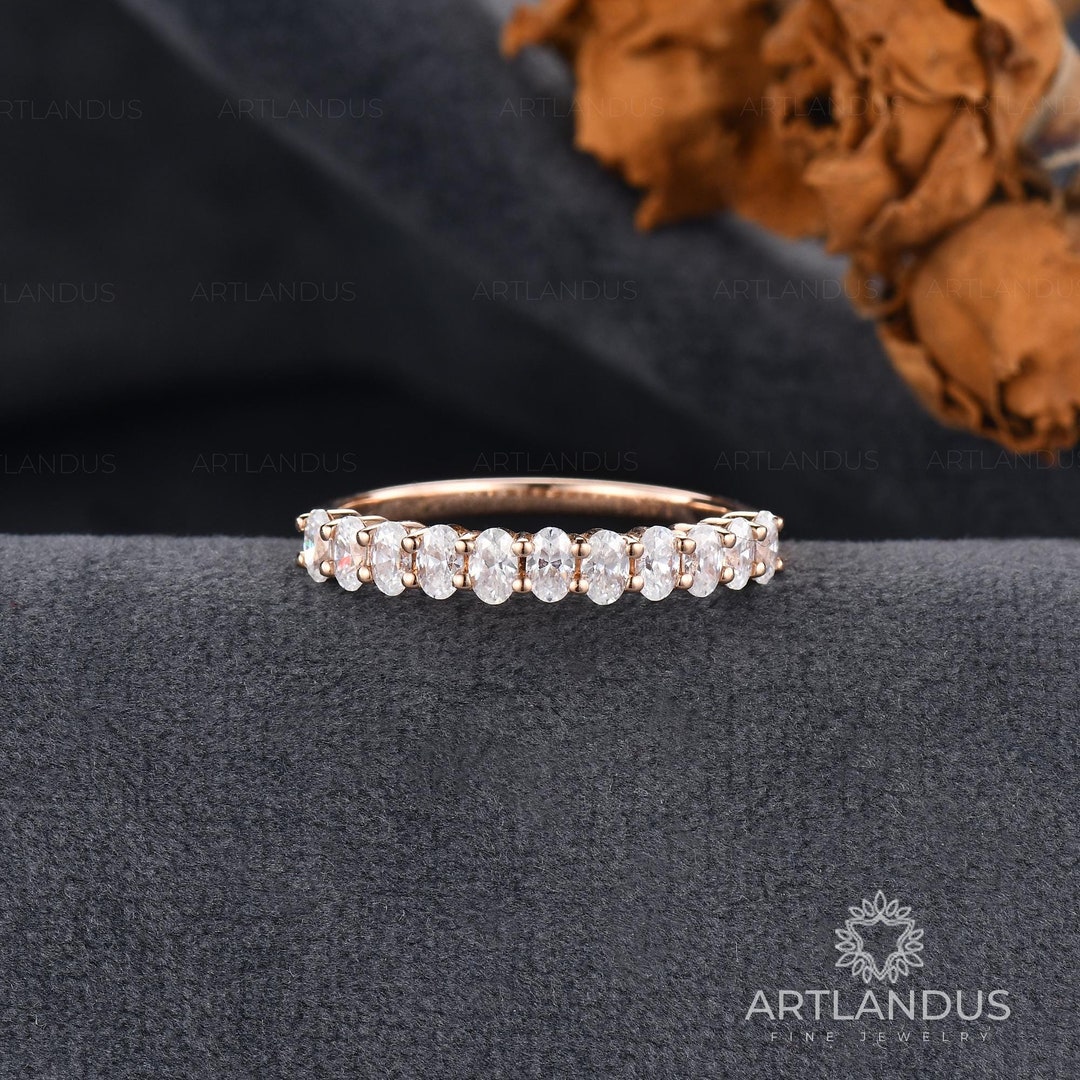 Rose Gold Oval Cut Moissanite Wedding Band Dainty Half Eternity Stack ...
