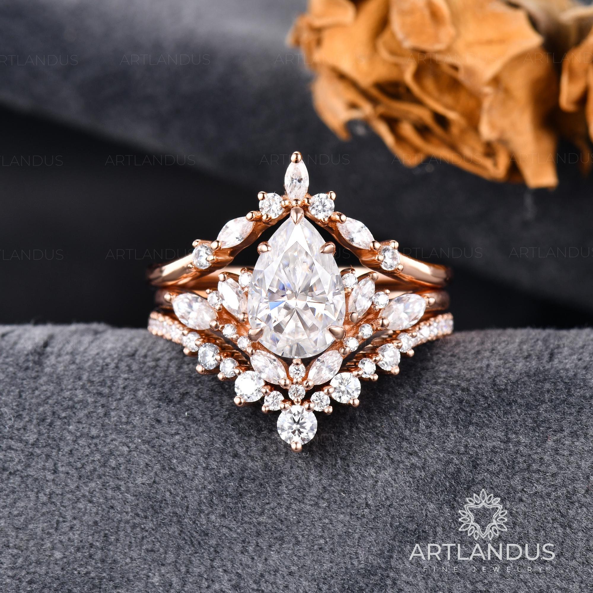 Pear Cut Moissanite Gold Bridal Set Rose Gold Engagement Ring Set Solid ...