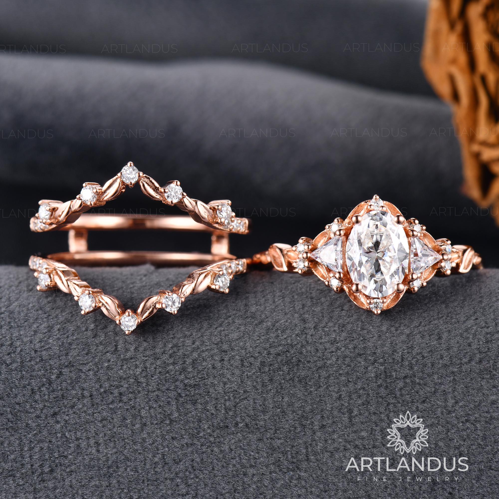 Leaf Moissanite Bridal Set Cage Engagement Ring Set Rose Gold Oval Cut ...