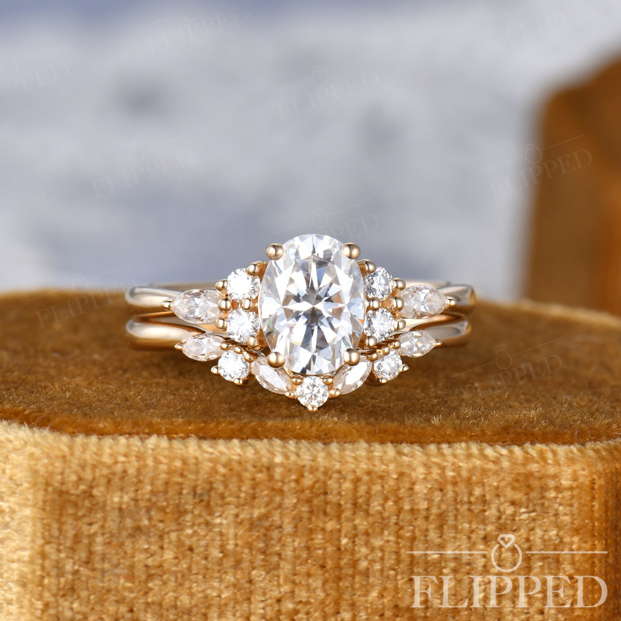 1.5ct Oval Moissanite Engagement Ring Set Yellow Gold Bridal Ring Set ...
