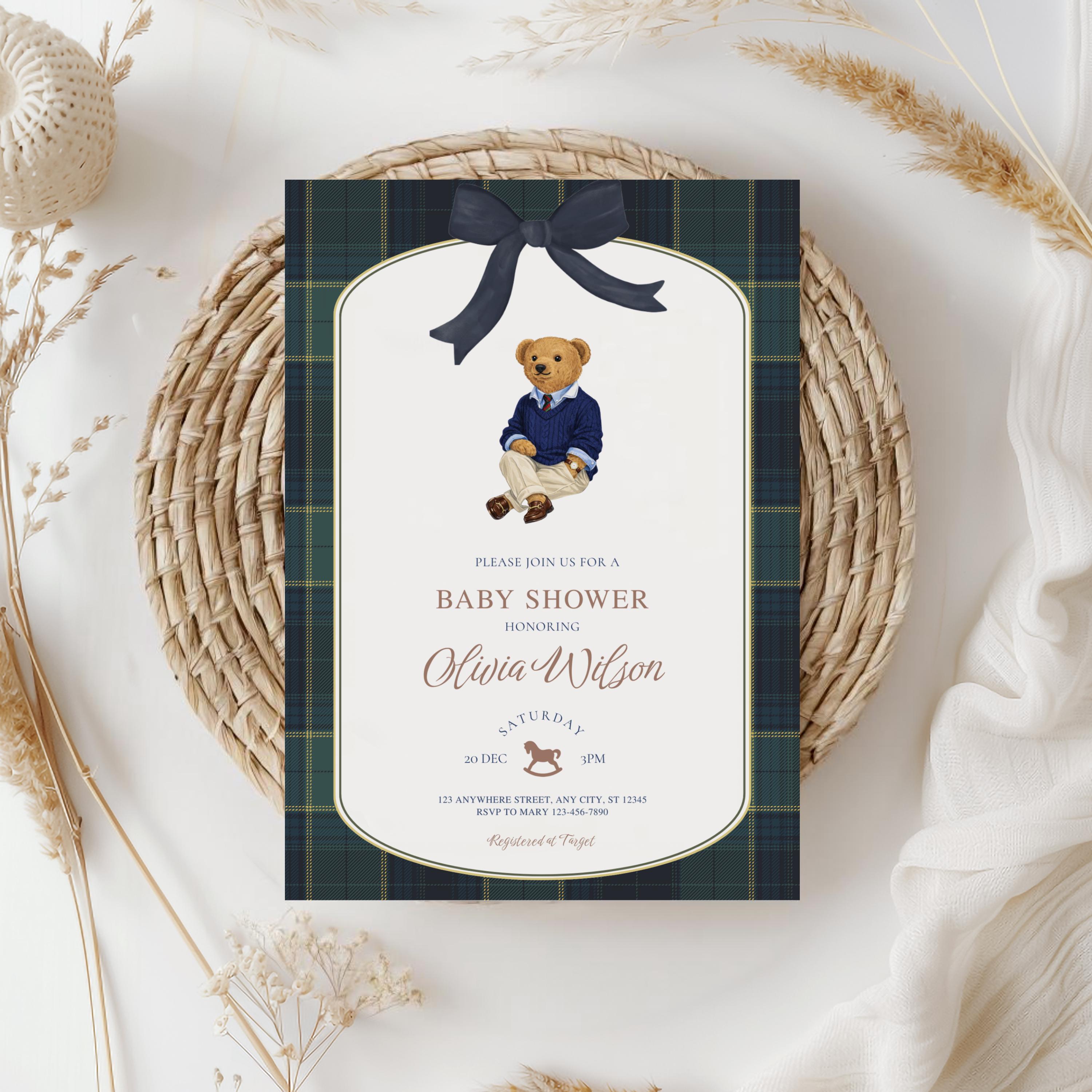 Luxury Polo Teddy Bear Baby Shower Invitation | Classic Tartan Plaid ...