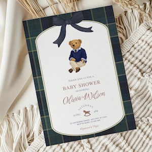 Luxury Polo Teddy Bear Baby Shower Invitation | Classic Tartan Plaid Equestrian Theme | Polo Bear Design | Ralphlauren Inspired