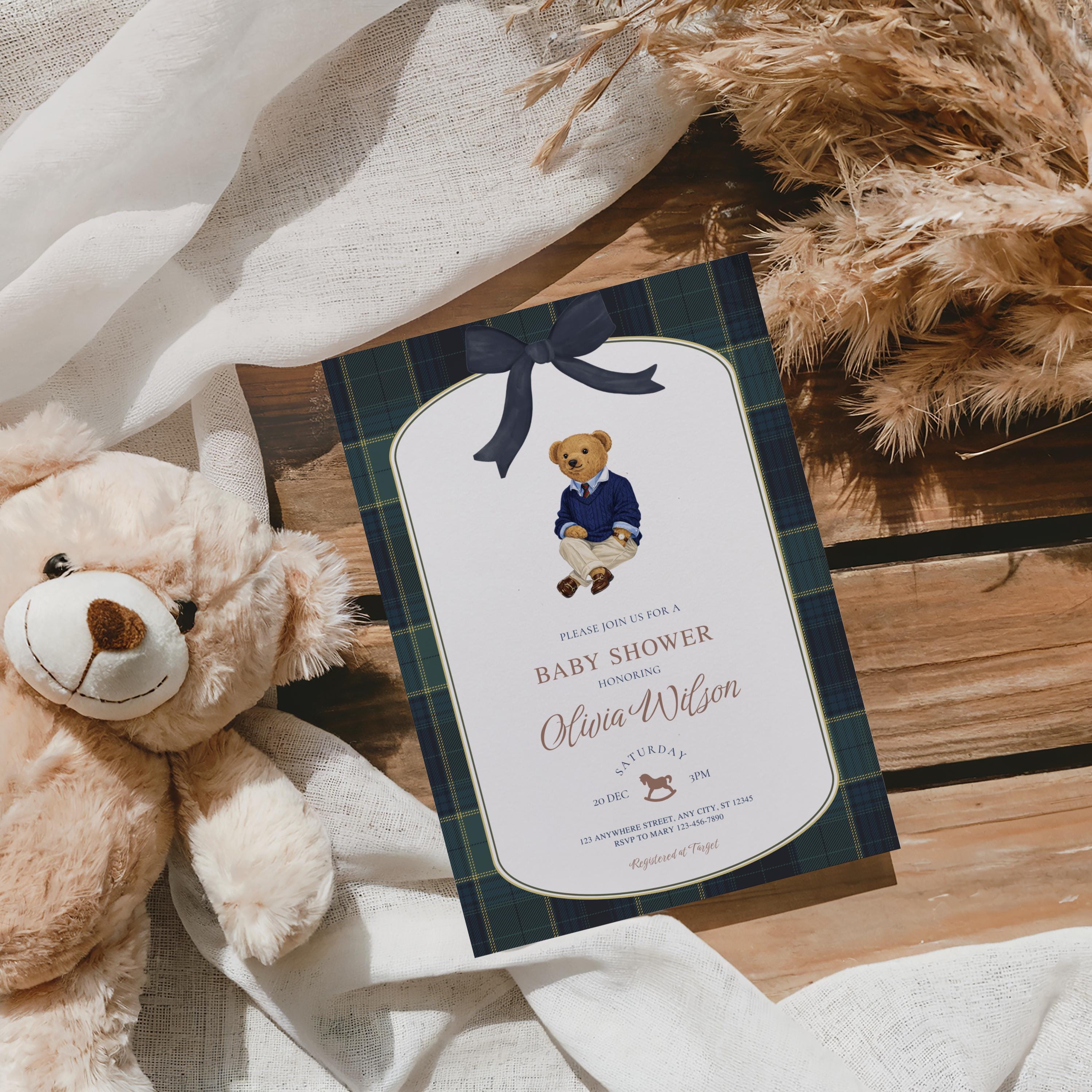 Luxury Polo Teddy Bear Baby Shower Invitation | Classic Tartan Plaid ...