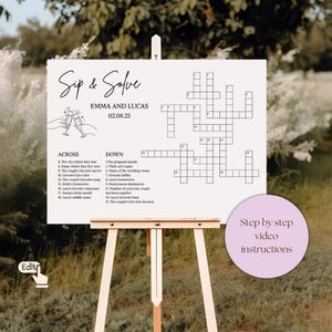 May include: A white sign on a wooden easel with a crossword puzzle for a wedding. The sign reads "Sip & Solve" and includes the names Emma and Lucas, with the date 02.08.25. A pink circle says "Step by step video instructions".