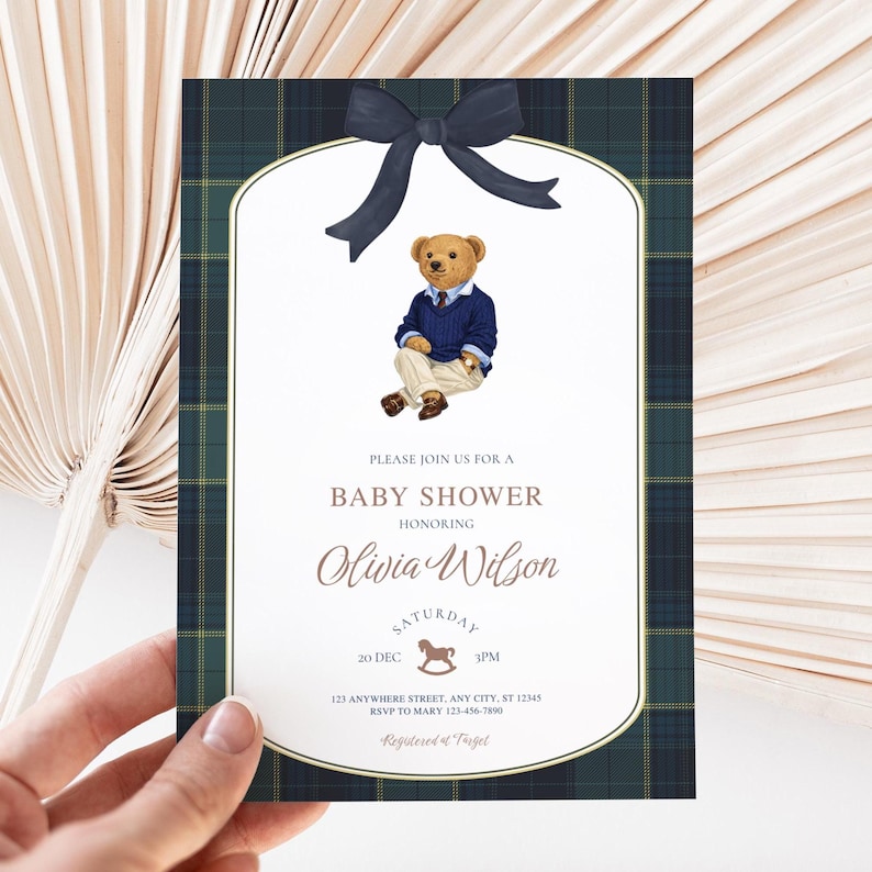 Luxury Polo Teddy Bear Baby Shower Invitation | Classic Tartan Plaid ...