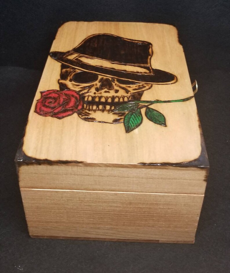 Skull Box With Roses Skull With Rose Woodburned Box - Etsy