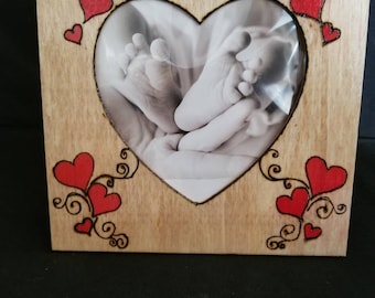 Red Hearts wood Frame, Wood Anniversary frame