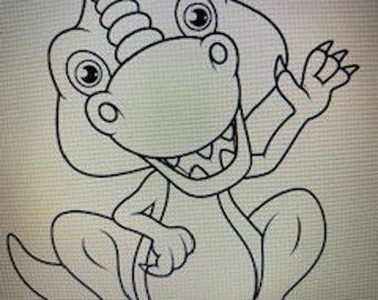 Pode incluir: Uma ilustração de arte linear em preto e branco de um dinossauro de desenho animado com uma cabeça grande, um chifre único no focinho e um sorriso largo com dentes. O dinossauro é retratado sentado, acenando com uma das mãos de três dedos.