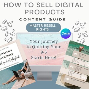Puede incluir: Un libro de jugadas de productos digitales titulado "Beginner's Blueprint" con un fondo turquesa y blanco. El texto "Done for You" está en la parte superior de la página. El texto "With Master Resell Rights" está en la parte inferior de la página. La imagen muestra a una mujer sentada junto a una piscina con una computadora portátil. El texto "Your Journey to Quitting Your 9-5 Starts Here!" está en una pantalla de computadora en el fondo. El texto "Master Resell Rights" está en un rectángulo azul en la esquina superior derecha de la imagen. El texto "Canva" está en un rectángulo morado en la esquina superior derecha de la imagen.