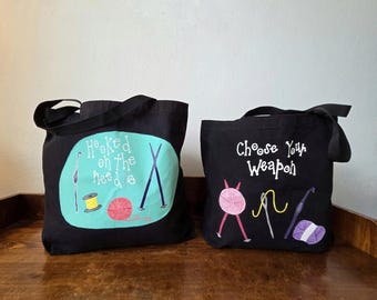 Knitting Crochet Tote Bag, Yarn Lover Craft Project Bag