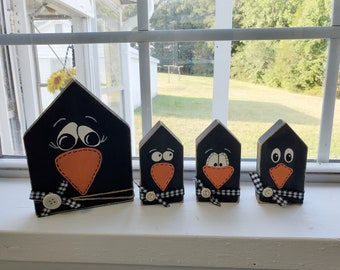 Black Crow Family Tiered Tray Decor, Rustic Primitive Colonial Americana Raven Shelf Sitters