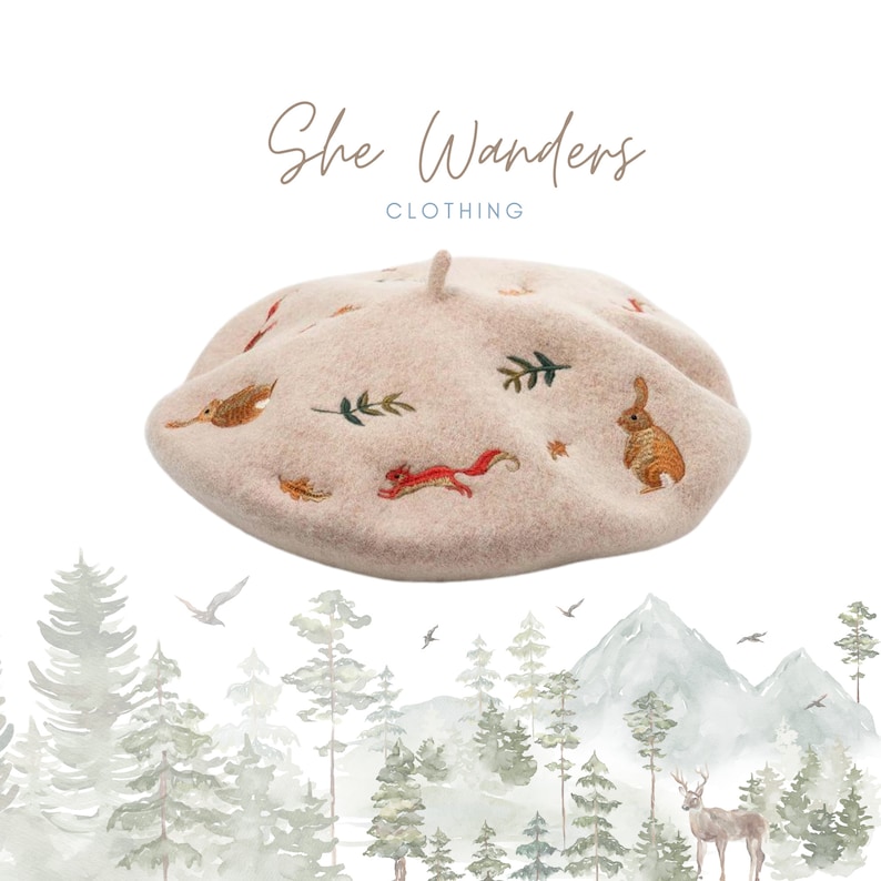 Wool Beret Woodland Creatures embroidered French Beret image 0