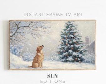 May include: A golden retriever dog sits in the snow looking up at a snow-covered Christmas tree with red ornaments. The scene is a winter wonderland with a light dusting of snow on the trees and ground.