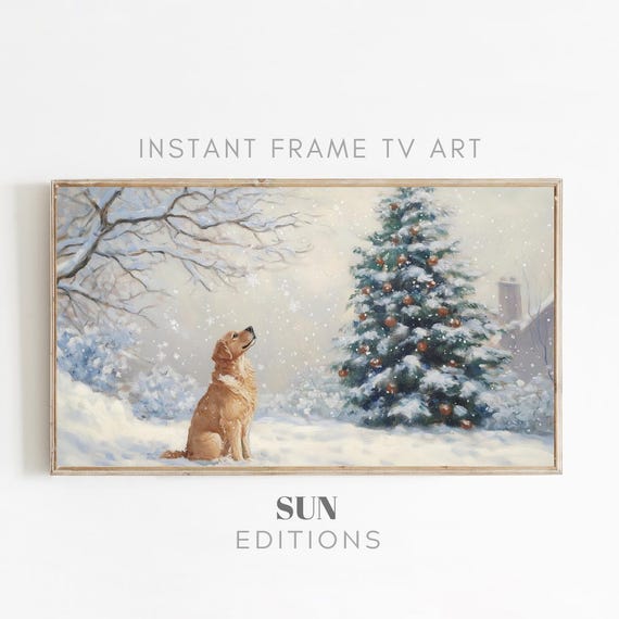 フレームTVアートゴールデンレトリバーのクリスマスツリーの絵画