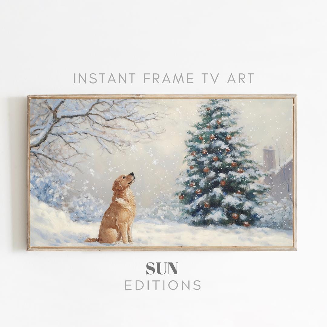 フレームTVアートゴールデンレトリバーのクリスマスツリーの絵画