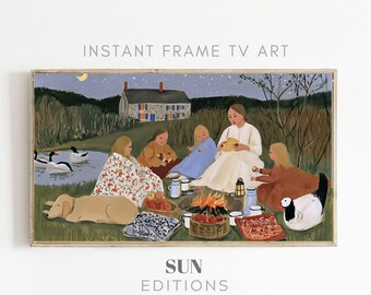 Fotolijst met afbeeldingen van een picknick bij een kampvuur, tv-kunst, lantaarnavond, landelijke volkskunst, 4K digitale download
