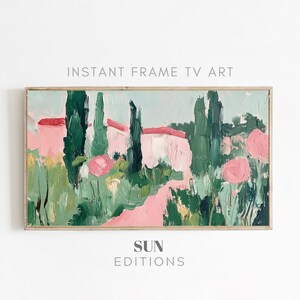 Kleurrijke roze lentetuin impasto schilderij kunst voor Samsung Frame TV - digitale download - lente muurdecoratie