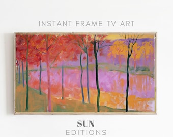 Herfstreflecties, ingelijste tv-kunst, roze bosvijver, kleurrijk schilderij, 4K digitale download