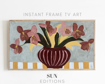 Marco de pared a rayas con flores en un moderno jarrón para TV: arte floral retro para TV, arte botánico para TV, arte en jarrones, arte de pared moderno, descarga instantánea