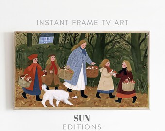 TV-kunstwerk met bosdieren die voedsel zoeken, Blue Coat Walk, volkskunst uit een huisje, 4K digitale download
