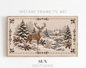 Kerstfotolijst met boshert, tv-decoratie, geborduurd hert, winterse Samsung-decoratie, digitale download