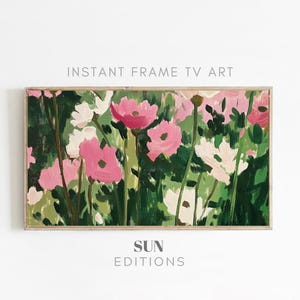 Levendige roze bloemen getextureerde schilderij kunst voor Samsung Frame TV - digitale download - lente muurdecoratie
