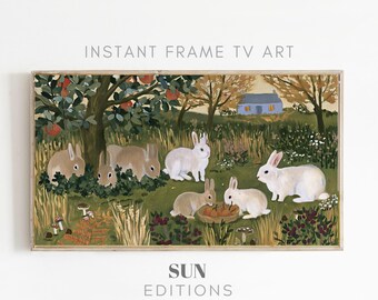 Lijst met afbeeldingen van konijnen in een boomgaard, tv-kunst, appelmand, landelijke volkskunst, 4K digitale download