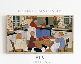 Landelijk fornuisframe tv-kunst, familiekeuken, landelijke volkskunst, 4K digitale download