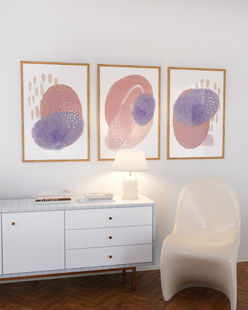 Purple Pink Abstract Art, Purple Pink Watercolour Shapes Printable Wall Art, Minimal Print Set