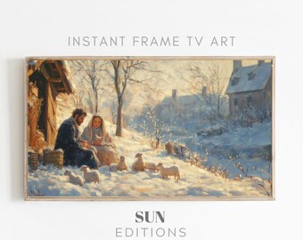 May include: A painting of a winter scene with a couple and sheep. The couple is standing in front of a wooden building with a snow-covered roof. The sheep are in the foreground, and the background is a snowy landscape with trees and houses.